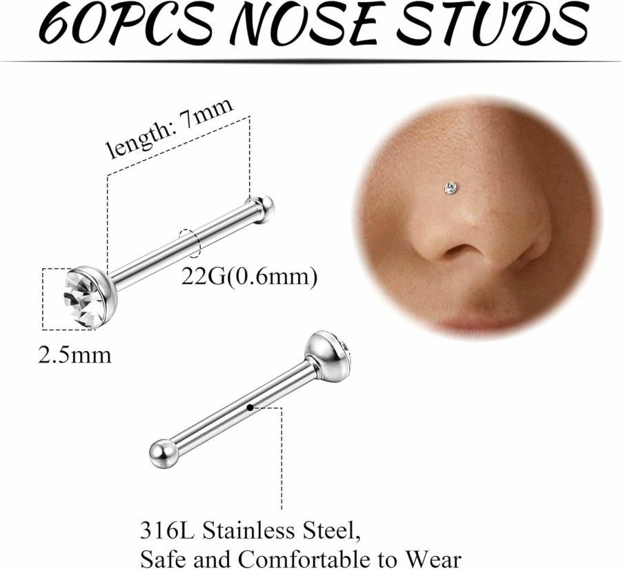 Jstyle Body Piercing Studs | Jstyle 22G 60 Pcs Stainless Steel Nose Studs Rings Piercing Pin Body Jewelry 1.5Mm 2Mm 2.5Mm