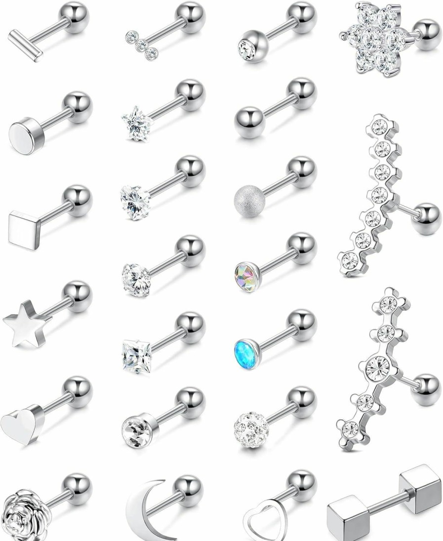 Subiceto Body Piercing Studs | Subiceto 24 Pcs 18G Cartilage Stud Earrings For Women Stainless Steel Cz Helix Tragus Labret Ear Body Piercing