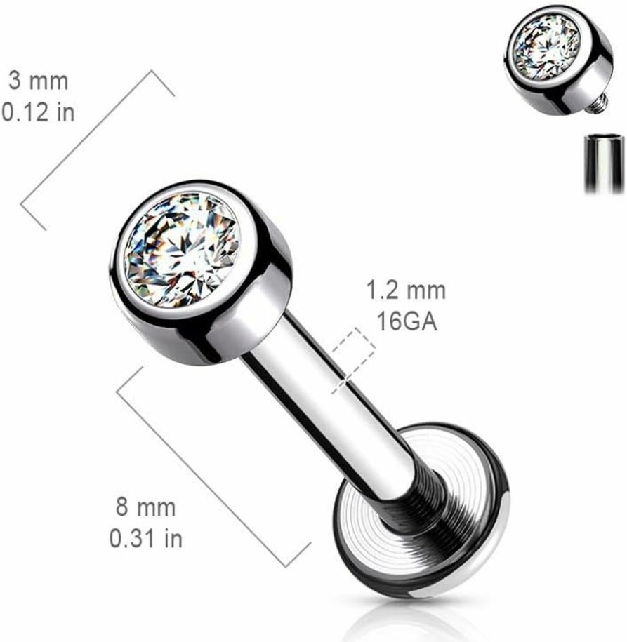 Pierced Owl Body Piercing Studs | Pierced Owl - 16G G23 Implant Grade Titanium Internally Threaded Bezel Set Cz Crystal Labret Monroe Lip Cartilage Helix Tragus Stud