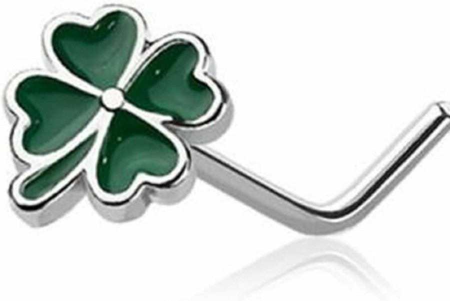 Body Accentz Body Piercing Studs | Body Accentz Nose Ring Stud Lucky 4 Leaf Clover Shape 316L Surgical Steel L Shape