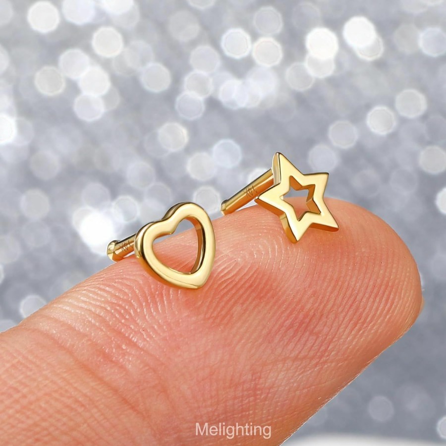 Melighting Body Piercing Studs | Meiighting Solid Gold Nose Stud 20G, Heart Nose Ring, 14K Solid Gold Star Nose Piercing Jewelry For Women, Real Gold Heart Nose Stud, Star Nostril Piercing For Women