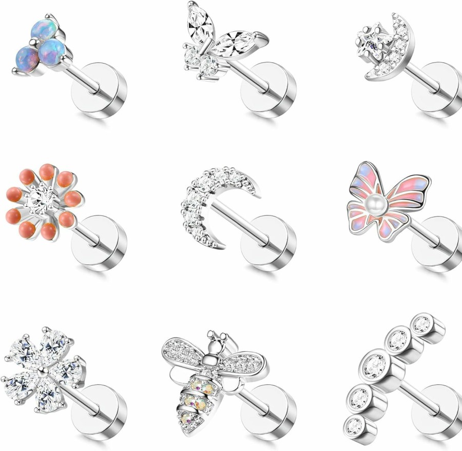 FASACCO Body Piercing Studs | Fasacco 9Pcs Cartilage Earrings Stud For Women Surgical Steel Flat Back Earrings Opal Butterfly Flower Cz Cartilage Earrings Tragus Helix Piercing Jewelry