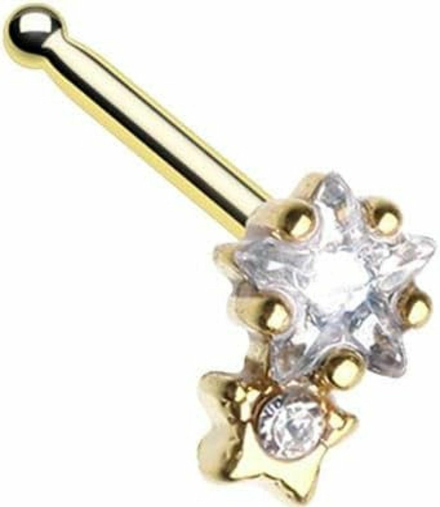 Pierced Owl Body Piercing Studs | Pierced Owl 20Ga Gold Tone Crystal Double Star Nose Bone Stud