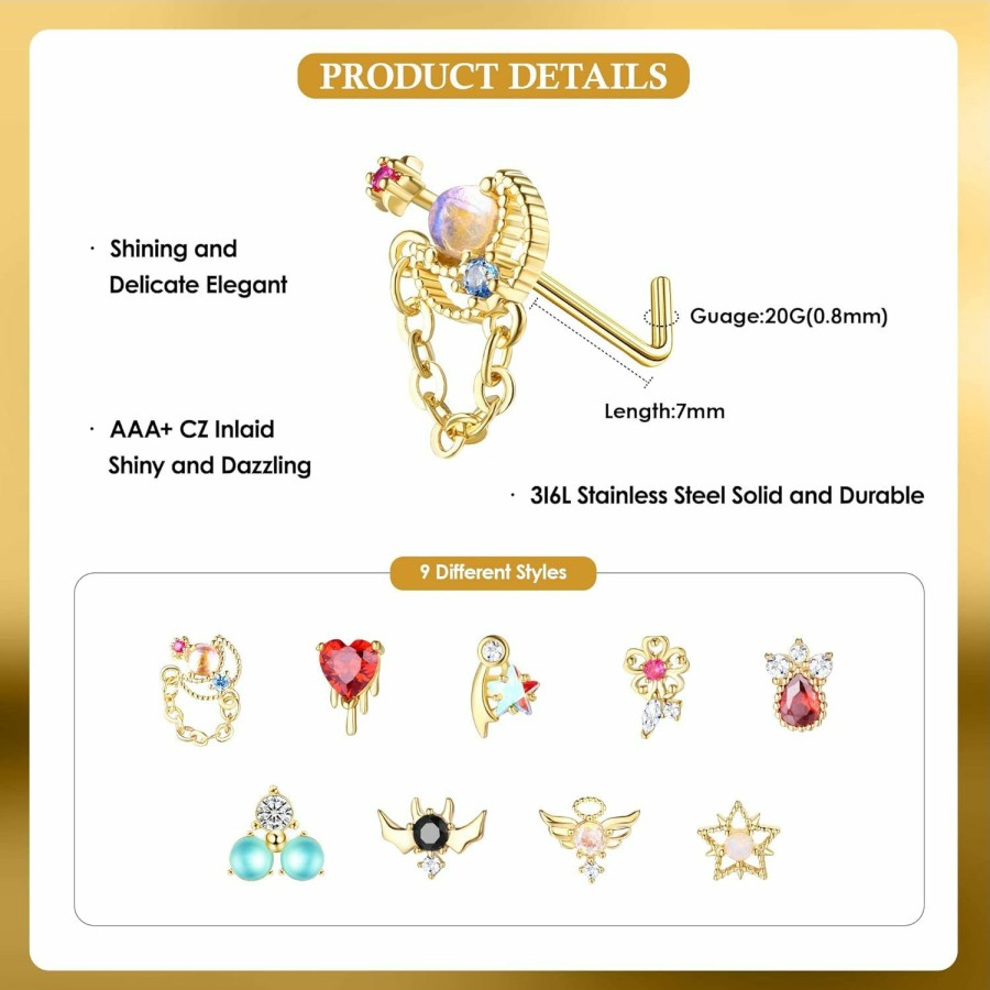 Dochais Body Piercing Studs | Dochais 9Pcs Nose Rings Studs L Shape Nose Rings For Women Stainless Steel Heart Star Wing Cz Opal Flower Dangle Nose Rings Nose Piercing Jewelry For Women Men