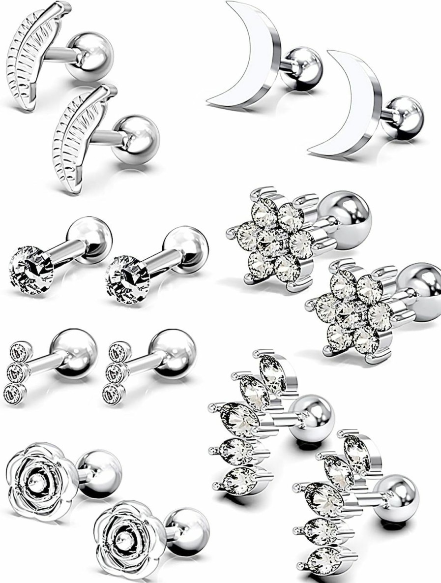 Prjndjw Body Piercing Studs | Prjndjw 16G Cartilage Earring Studs For Women Tragus Stud Earring Helix Piercing Jewelry Diamond Surgical Stainless Steel Conch Forward Helix Tragus Daith Piercing Jewelry 7Pairs