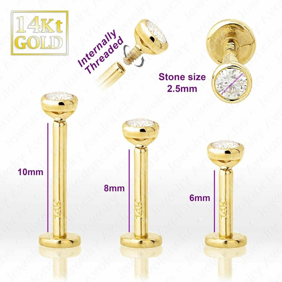 Jewelry Avalanche Body Piercing Studs | Jewelry Avalanche 14K Gold Bezel Set 2.5Mm Moissanite Labret Monroe Stud 16G 6Mm-8Mm-10Mm Post Flat Disk Bottom Round Brilliant Cut Moissanite Lip Ring Tragus Stud