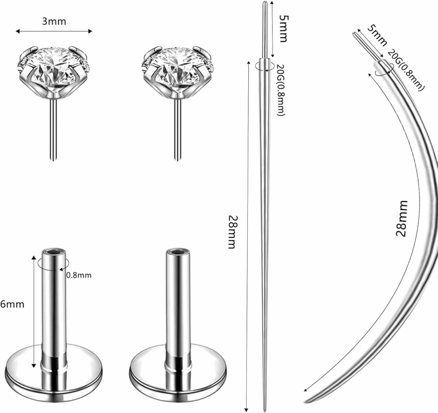 6ixGosh Body Piercing Studs | 6Ixgosh 20G Threadless Push In Nose Studs Surgical Steel Labret Piercing Jewelry For Tragus Monroe Lip Helix Cartilage Earrings Studs For Women Men, 6Mm Bar, 2.5Mm Gem