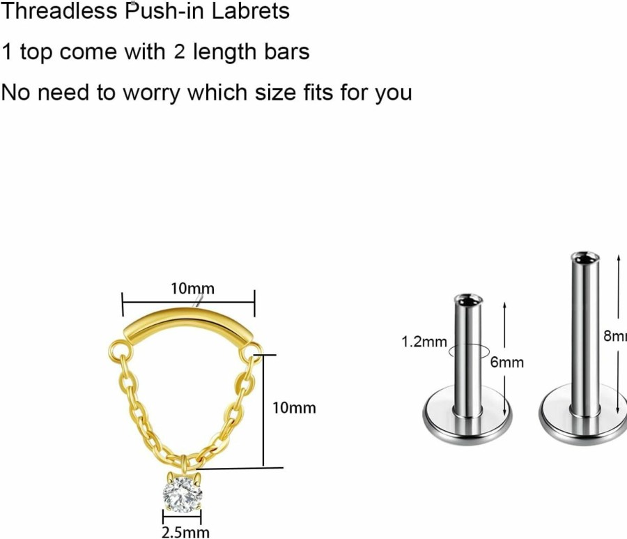 BelezaDosas Body Piercing Studs | Belezadosas G23 Titanium Labret Studs Threadless Push-In Labret Press Fit 16G Cluster Helix Lobe Conch Tragus Push Back Piercing Jewelry