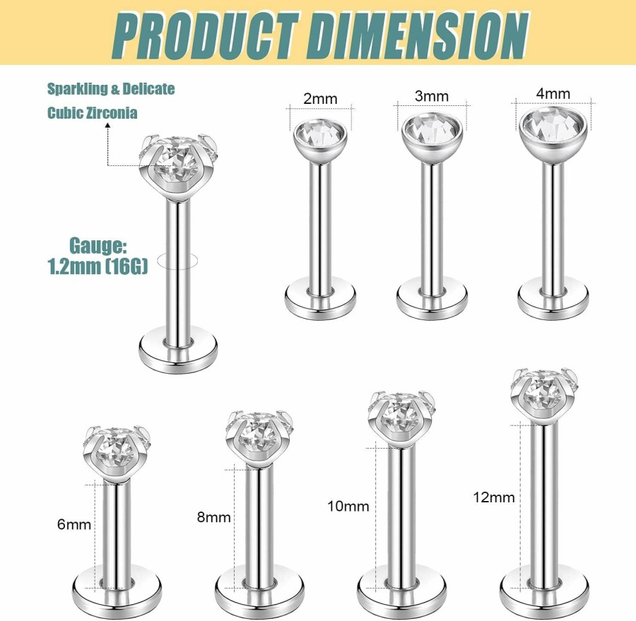 BodyAce Body Piercing Studs | Bodyace 12Pcs Surgical Steel Forward Helix Tragus Cartilage Earring Studs, 16G Push-In Lip Rings, Cz Labret Monroe Medusa Piercing Jewelry For Women Men