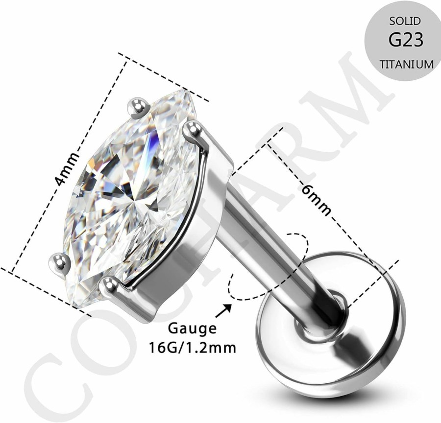 COCHARM Body Piercing Studs | Cocharm G23 Titanium 16G Flat Back Helix Earring Stud Marquise Cz Flat Cartilage Earrings For Women 16 Gauge Forward Helix Piercing Internally Threaded Tragus Piercing Jewelry