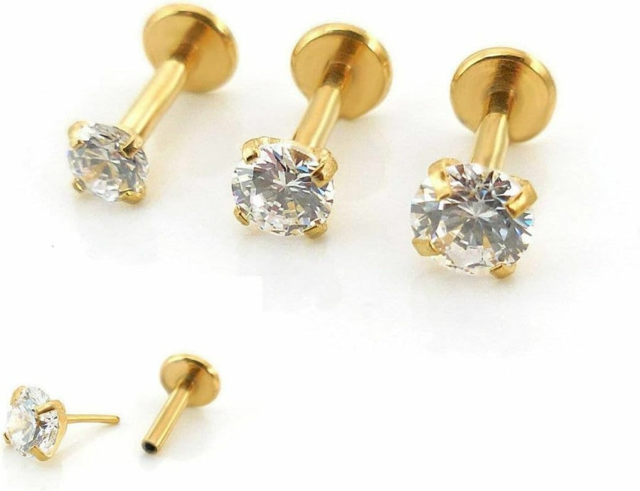 Generic Body Piercing Studs | 18G 1/4\" Triple Forward Helix Stud Earring Gold Tone Cartilage 2-4Mm Threadless Push Pin Prong Set Cz Stone Tragus Ring