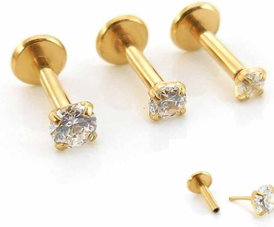 Generic Body Piercing Studs | 18G 1/4\" Triple Forward Helix Stud Earring Gold Tone Cartilage 2-4Mm Threadless Push Pin Prong Set Cz Stone Tragus Ring