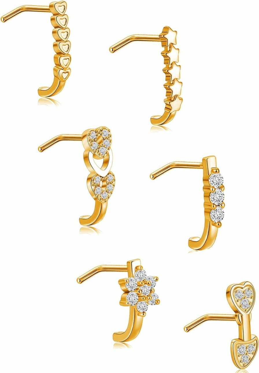 Akeoqi Body Piercing Studs | Akeoqi 6-12Pcs Nose Studs Nose Ring Inlaid Cubic Zirconia L Shaped Studs Lotus Star Heart Nose Nostril Piercing Jewelry For Women Men Sliver Gold Rose Gold Tone 20G