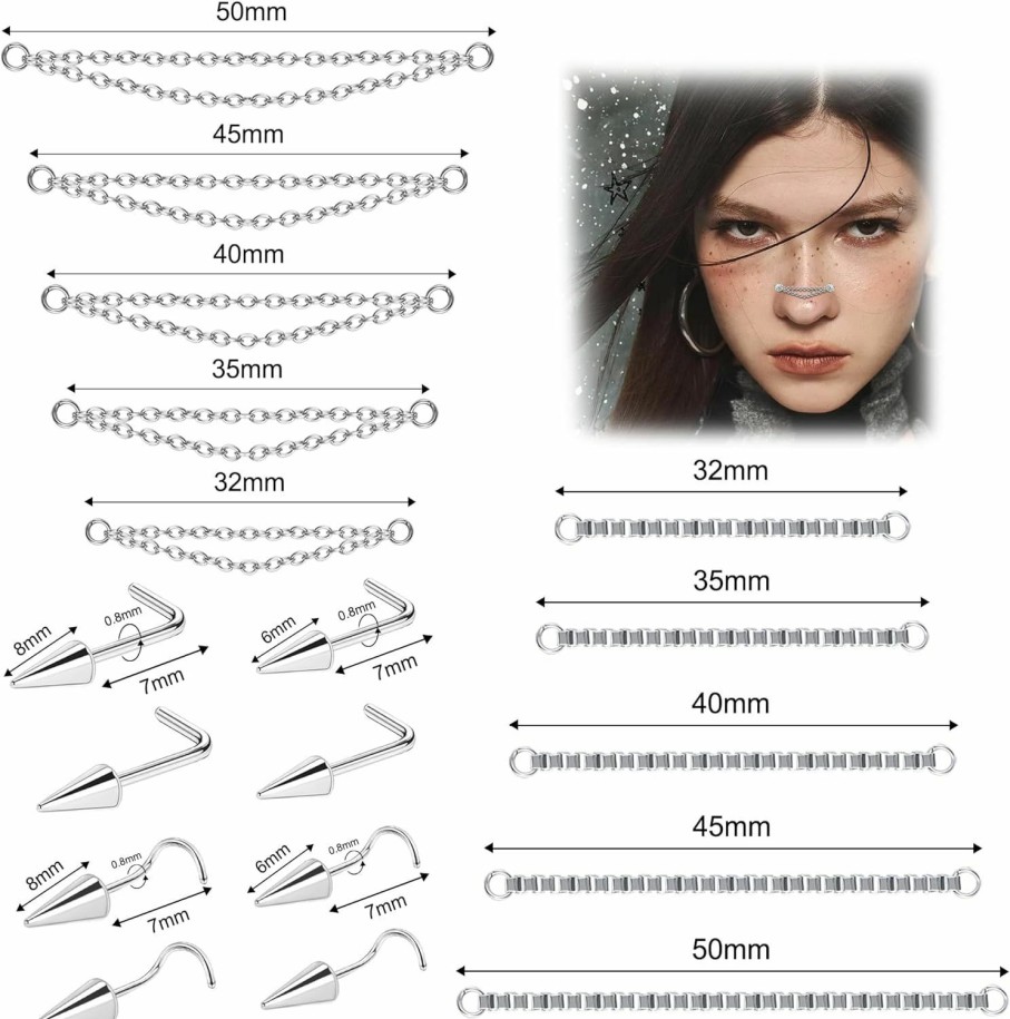 6ixGosh Body Piercing Studs | 6Ixgosh Nose Chain Spike Nose Rings Studs Surgical Steel Across Top Nose Piercing Jewelry Nostril Chain For Women Men Double Nose Piercing Nostril Bridge Jewelry, Black Silver