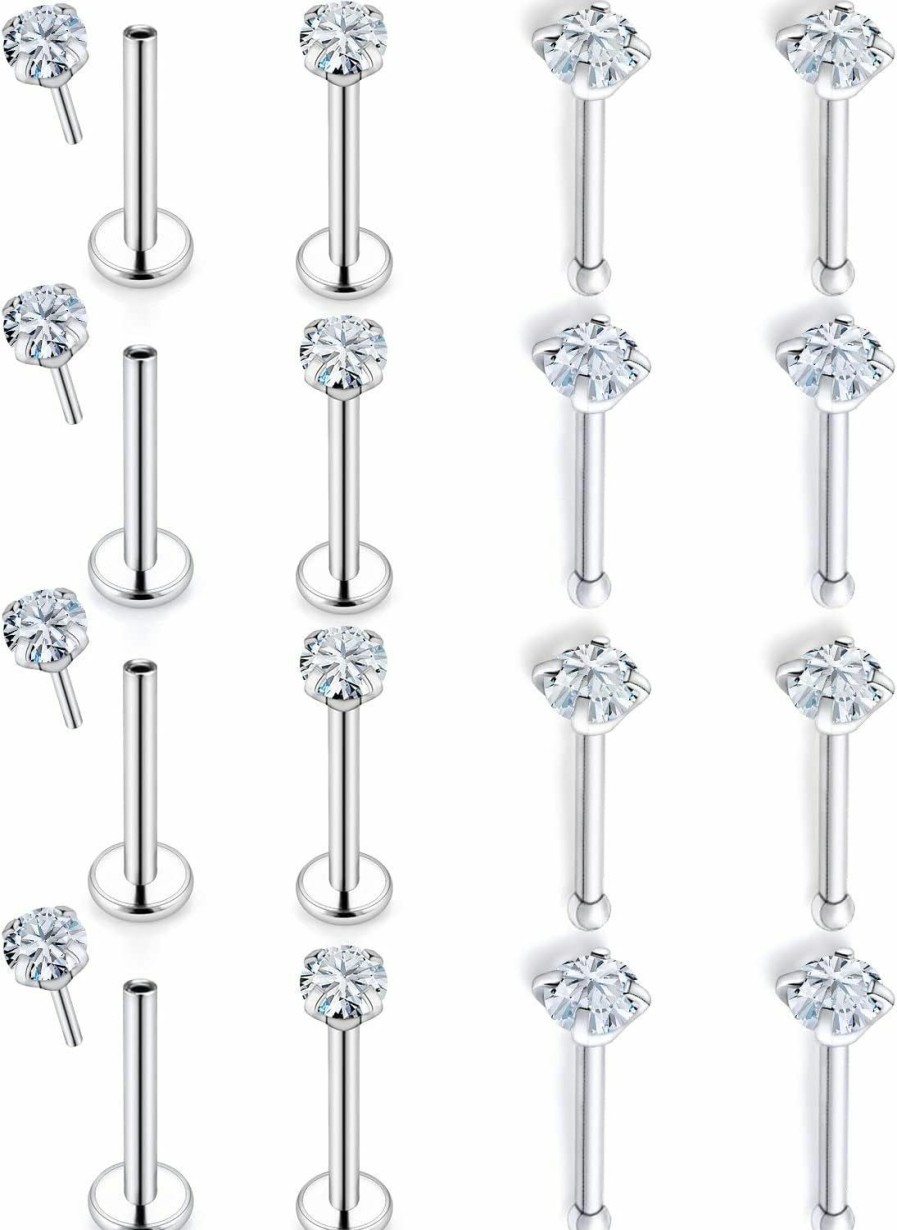 Kwoencxi Body Piercing Studs | Kwoencxi 18G 20G Threadless Push In Nose Rings For Women 316L Surgical Stainless Steel Straight Nose Studs Bone Nose Rings Piercings Nostril Piercing Diamond 3Mm Silver 16Pcs