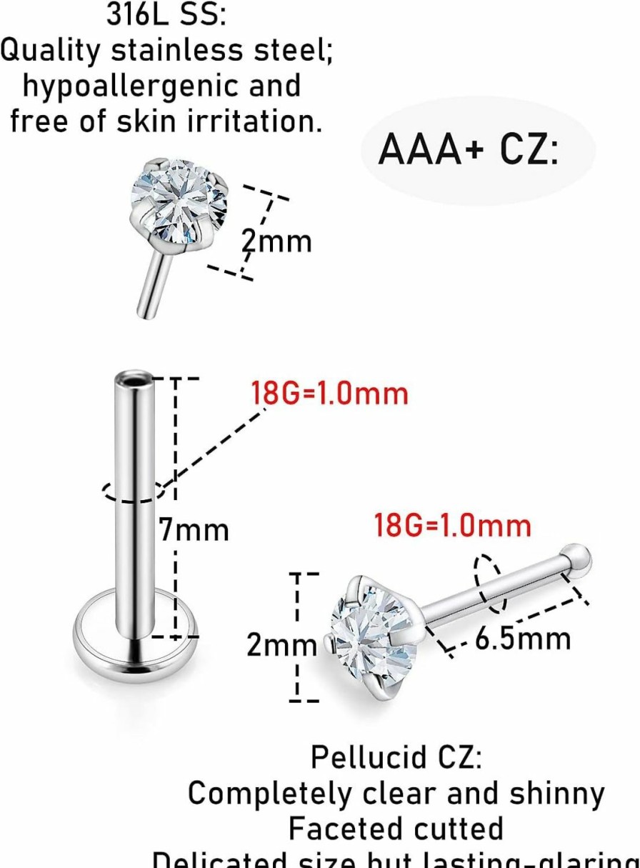 Kwoencxi Body Piercing Studs | Kwoencxi 18G 20G Threadless Push In Nose Rings For Women 316L Surgical Stainless Steel Straight Nose Studs Bone Nose Rings Piercings Nostril Piercing Diamond 3Mm Silver 16Pcs