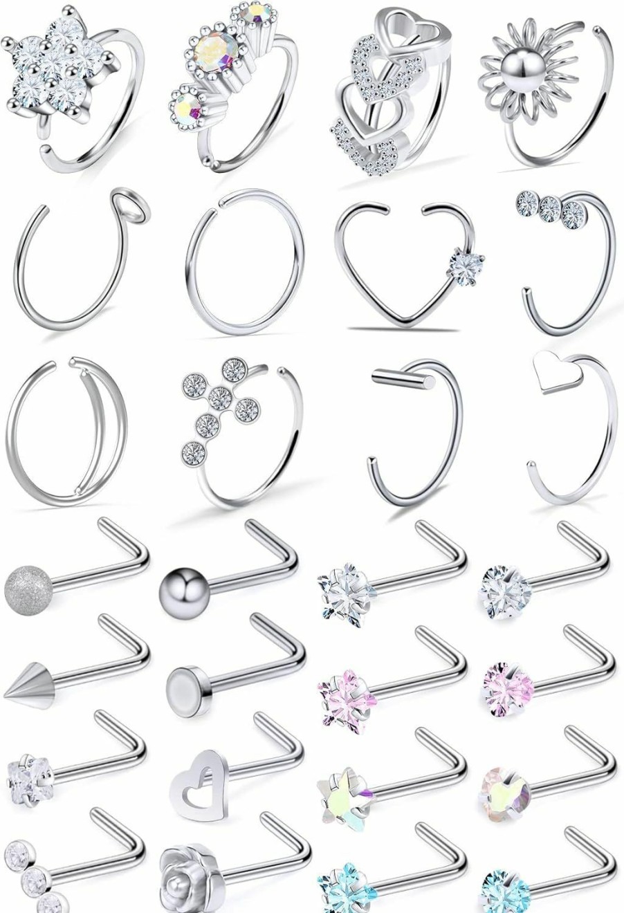 Ocptiy Body Piercing Studs | Ocptiy 18G 20G Nose Rings Studs Nose Hoops 316L Surgical Steel Hypoallergenic Silver Nose Piercings Straight Screw L Shaped Nostril Nose Rings Piercing Jewelry For Women Men 20Pcs-28Pcs