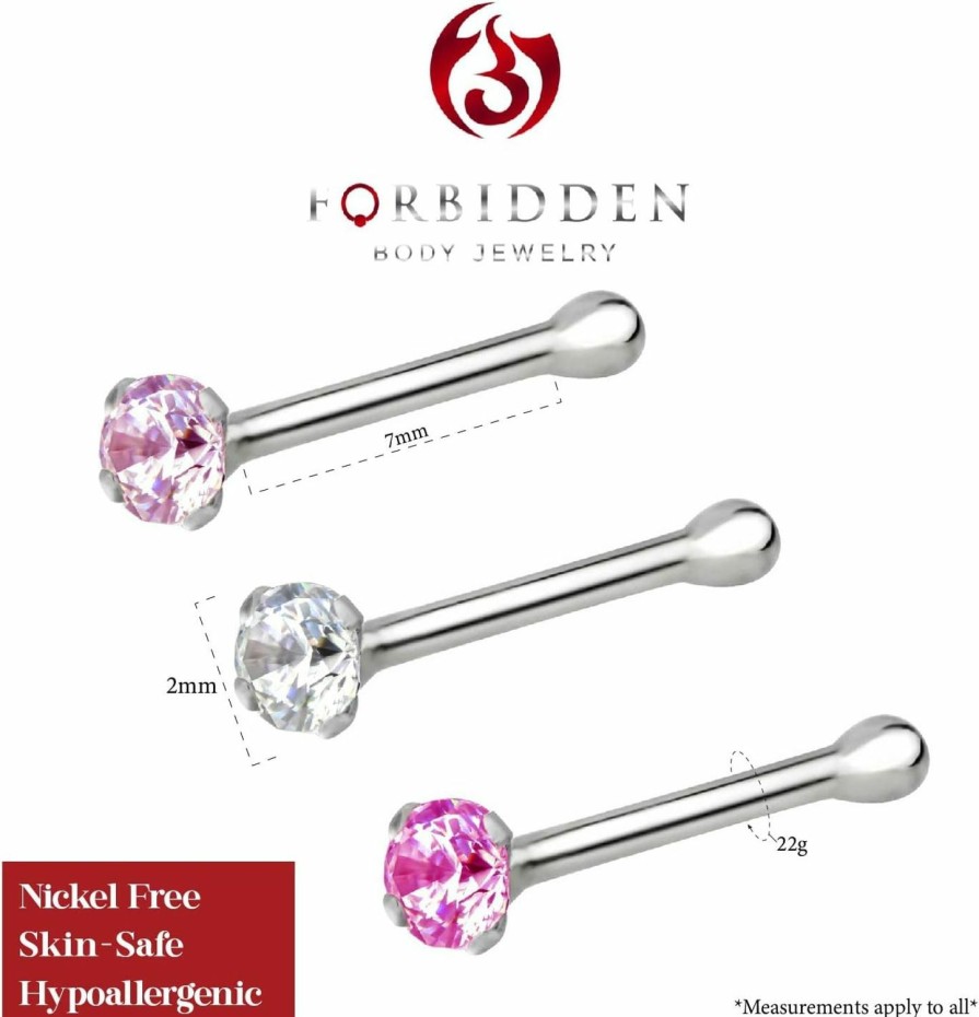 Forbidden Body Jewelry Body Piercing Studs | Forbidden Body Jewelry Nose Rings Sterling Silver Cz Simulated Diamond Micro Nose Studs 22G (Set Of 3)