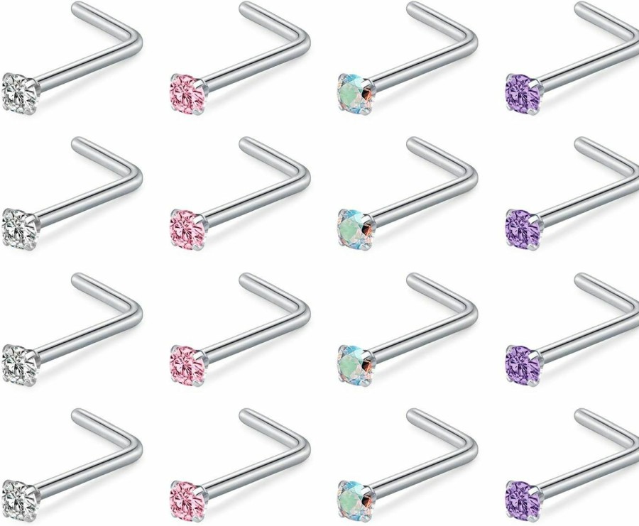 FECTAS Body Piercing Studs | Fectas 18G Nose Studs L Shape Nostril Rings Surgical Steel Cz For Women Men Nose Piercing Jewelry Set Rose Gold