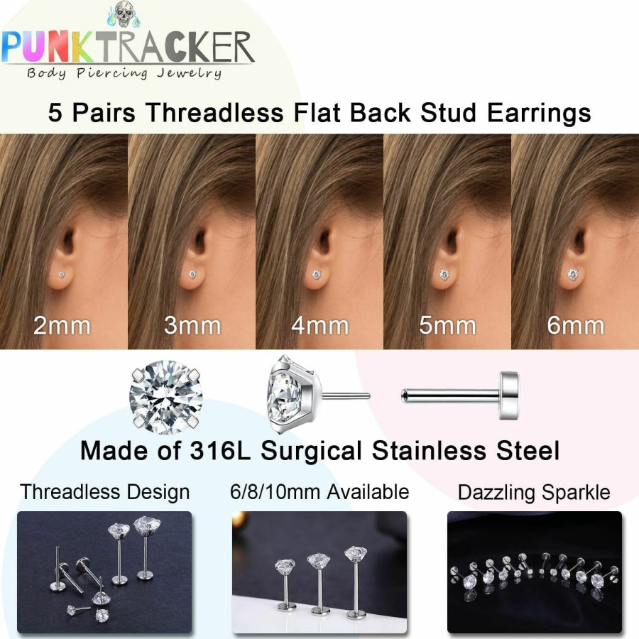 PunkTracker Body Piercing Studs | Punktracker 16G 18G 20G 6/8/10Mm Threadless Piercing Jewelry For Tragus Nose Helix Conch Medusa Lip Labret - Surgical Steel Nose Studs For Women Men