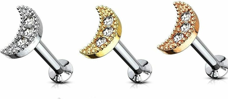 Pierced Owl Body Piercing Studs | Pierced Owl Set Of Three (3) 16Ga Stainless Steel Cz Crystal Crescent Moon Top Internally Threaded Lip Cartilage Studs