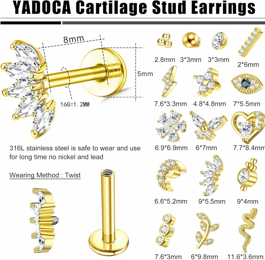 YADOCA Body Piercing Studs | Yadoca 16Pcs 16G Tragus Piercing Jewelry Hypoallergenic Surgical Steel Tragus Earrings Internally Threaded Flat Back Medusa Labret Lip Monroe Conch Cartilage Stud Earrings For Women