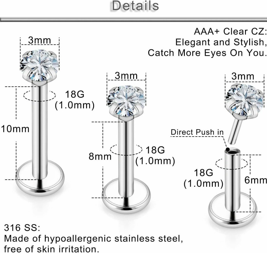 Yaalozei Body Piercing Studs | Yaalozei 20G 18G 16G Threadless Push In Lip Labret Nose Rings Studs Surgical Steel Monroe Medusa Cartilage Helix Tragus Earrings Stud Piercing Jewelry For Women Men 6Mm 8Mm 10Mm Bar Cz 3Mm