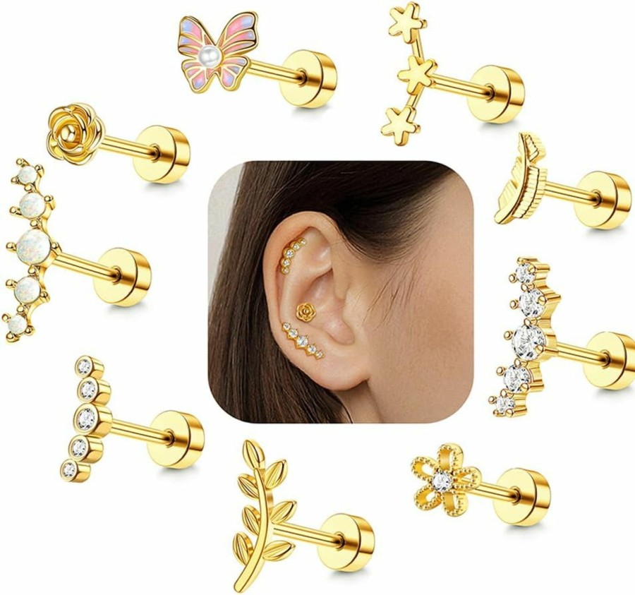 ZZHDCC Body Piercing Studs | Zzhdcc 9Pcs 16G Cartilage Earring Set Stainless Steel Helix Earrings For Women Opal Cz Stud Earrings Butterfly Star Flower Flat Back Cartilage Conch Piercing Jewelry