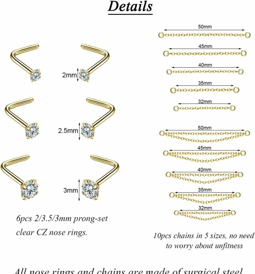 PunkTracker Body Piercing Studs | Punktracker 20G Nose Rings 2Mm 2.5Mm 3Mm Cz Nose Studs With Chain Surgical Steel Nose Piercing Jewelry Nose Ring Studs