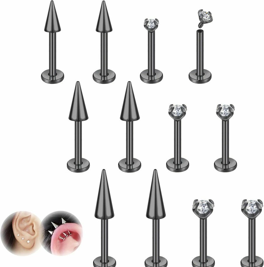 ZS Body Piercing Studs | Zs 16G Spike Lip Labret Studs, Stainless Steel Internally Threaded Jewelry For Nose Conch Medusa Piercing, Cz Forward Helix Tragus Earring For Women Men