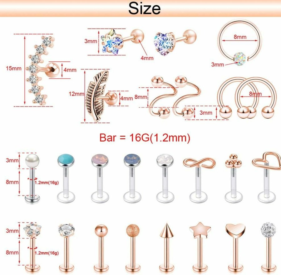 PunkTracker Body Piercing Studs | 25Pcs 16G Cartilage Earrings Tragus Earring Surgical Steel Studs Helix Conch Rook Daith Piercing Jewelry Lip Rings For Women Men