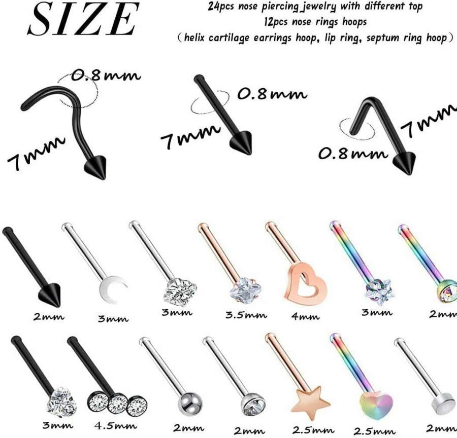 Yeelong Body Piercing Studs | 20G Nose Rings Screw Nose Rings Bone Nose Rings L Shpaed Nose Rings Nose Rings Hoops Surgical Steel