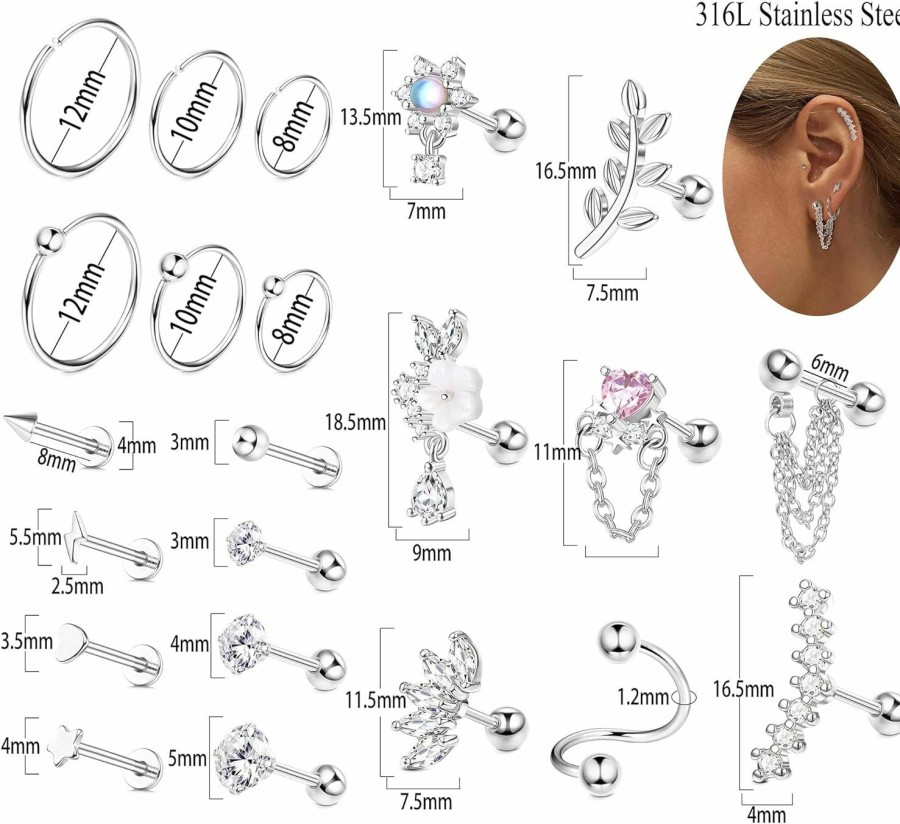 FIBO STEEL Body Piercing Studs | Fibo Steel Cartilage Earring Conch Piercing Jewelry Helix Earrings Tragus Earrings For Women 16G 20G 316 Surgical Stainless Steel Opal Cz Labret Jewelry Cartilage Stud