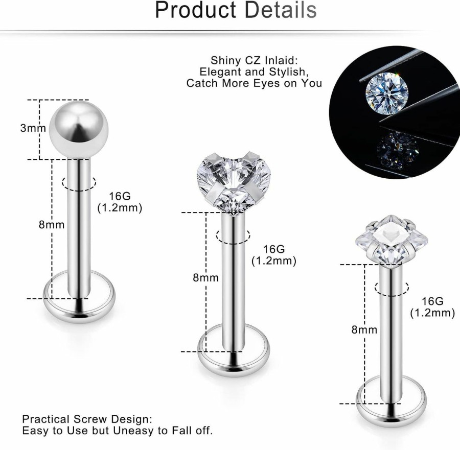 Cisyozi Body Piercing Studs | Cisyozi 16G Threadless Push In Lip Labret Monroe Medusa Rings Studs 316L Surgical Steel Plastic Cartilage Tragus Helix Conch Ear Earring Body Piercing Jewelry For Women Men 8Mm