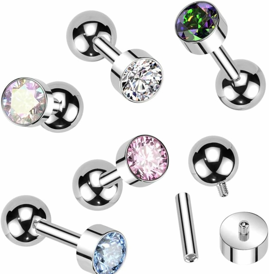 Amelia Fashion Body Piercing Studs | Amelia Fashion 16Ga Implant Grade Titanium Internally Threaded Cartilage Barbell With Bezel Set Round Cz Top (Choose Color)