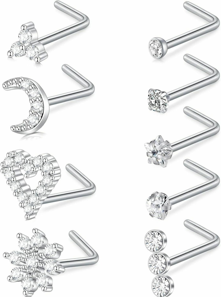 Briana Williams Body Piercing Studs | Briana Williams 20G Nose Studs Surgical Stainless Steel 1.5Mm 2Mm 2.5Mm Round Diamond Cz Opal Nose Rings Studs L Shaped Nose Nostrial Piercing Jewelry For Women Men