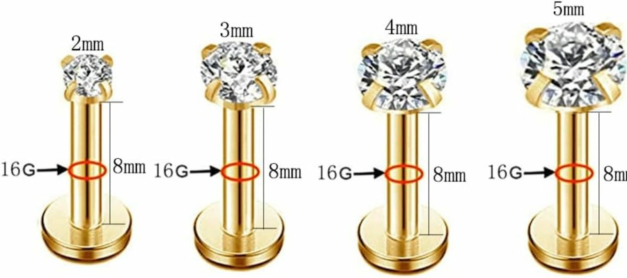 NewZenro Body Piercing Studs | 16G Cz Labret Cartilage Tragus Monroe Lip Nose Helix Diamond Studs Earrings For Women Men Girls Boys Stainless Steel Cubic Zirconia Piercing Jewelry 2Mm 3Mm 4Mm 5Mm 4 Pairs Set