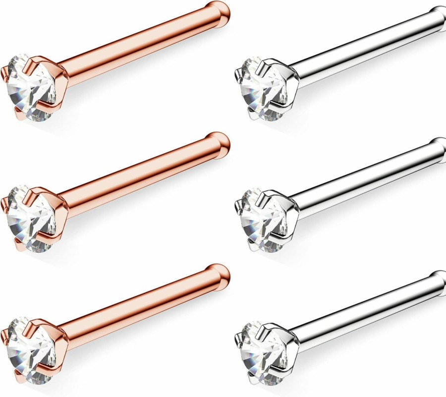 Belatti Body Piercing Studs | Belatti 6Pcs Surgical Steel Nose Ring For Women & Men - 2Mm Cz Cubic Zirconia Set - Hypoallergenic Pushin Bar Nose Ring Straight Post - Bone Pin Stud Nose Piercing Jewelry (Choose Gauge - Color - Gem)