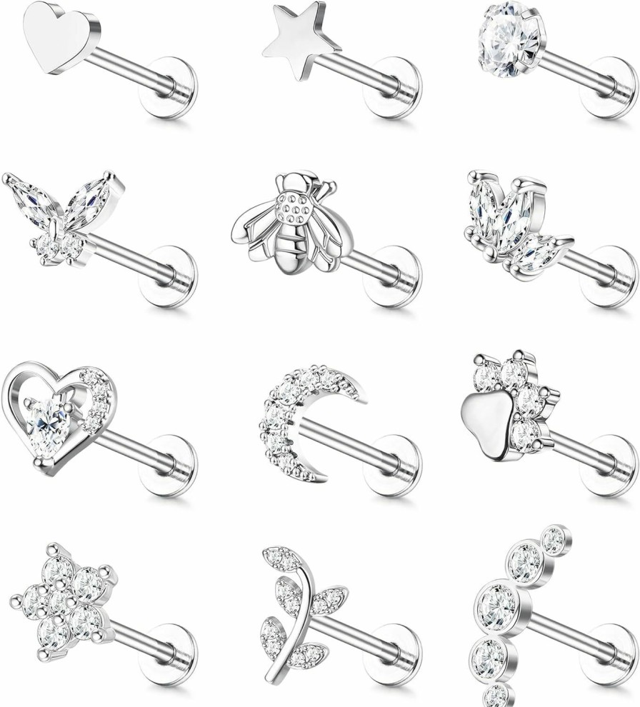 YADOCA Body Piercing Studs | Yadoca 12Pcs 16G Tragus Earrings For Women Flat Back Cartilage Earring Stainless Steel Top Screw Cz Butterfly Bee Flower Moon Heart Flatback Stud Earrings Labret Conch Helix Cartilage Tragus Piercing Jewelry Set