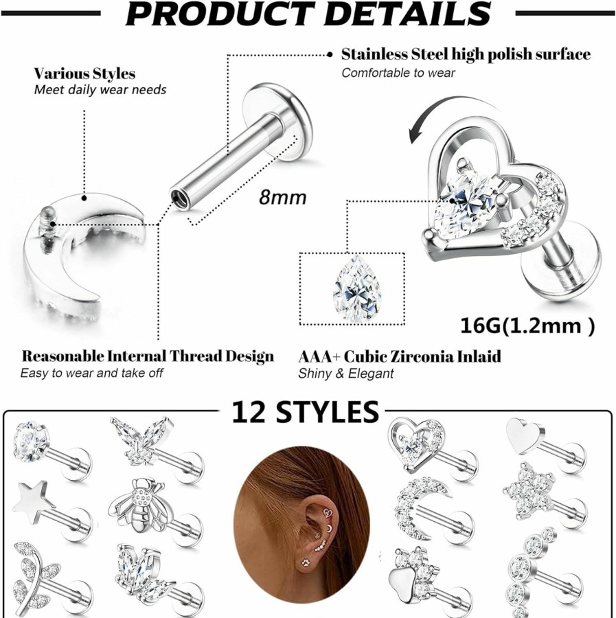 YADOCA Body Piercing Studs | Yadoca 12Pcs 16G Tragus Earrings For Women Flat Back Cartilage Earring Stainless Steel Top Screw Cz Butterfly Bee Flower Moon Heart Flatback Stud Earrings Labret Conch Helix Cartilage Tragus Piercing Jewelry Set