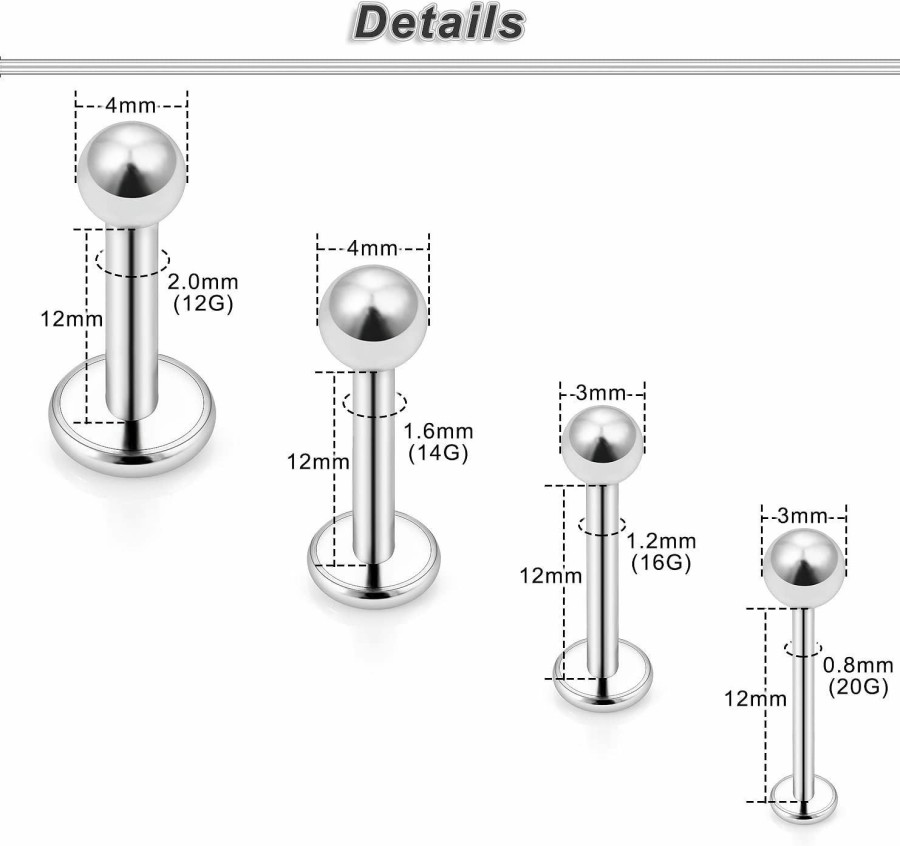 Yaalozei Body Piercing Studs | Yaalozei 20G 16G 14G 12G Mixed Coarseness Lip Labret Medusa Monroe Piercing Jewelry Internally Threaded Surgical Steel Cartilage Conch Tragus Nail Helix Earring Stud 8Mm 10Mm 12Mm Bars Length