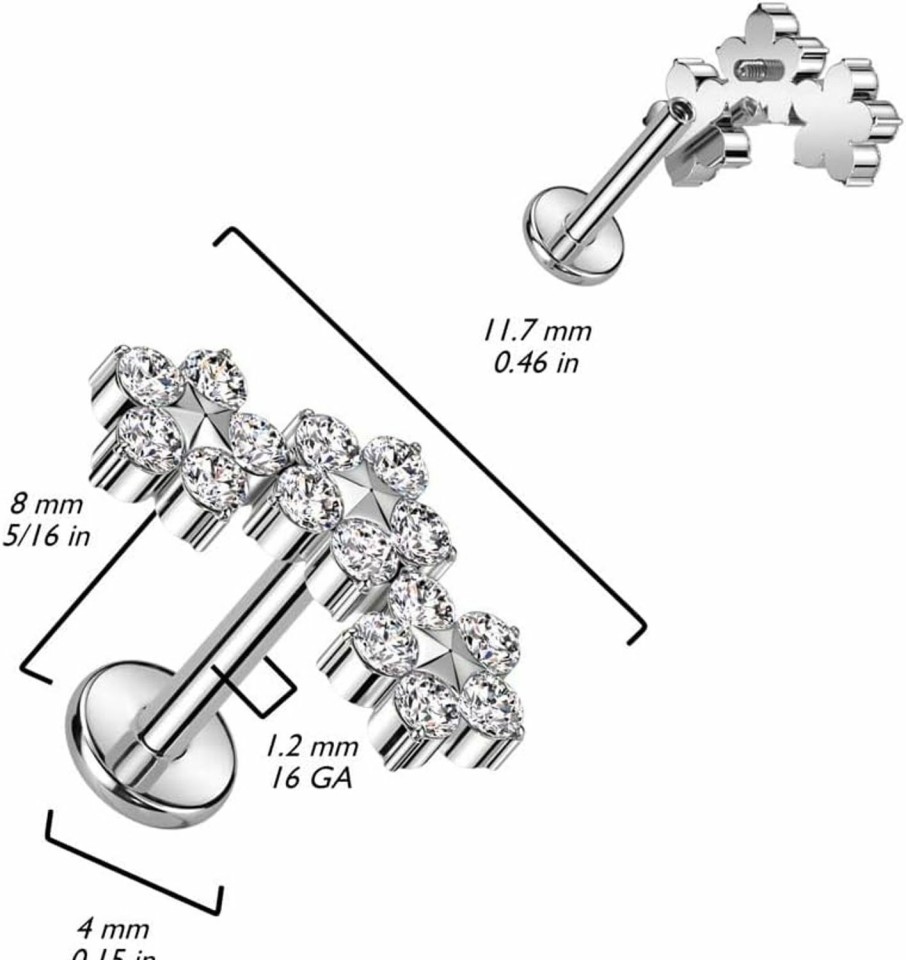 Pierced Owl Body Piercing Studs | Pierced Owl 16Ga F136 Implant Grade Titanium Internally Threaded Triple Cz Crystal Flower Top Flat Back Labret Stud