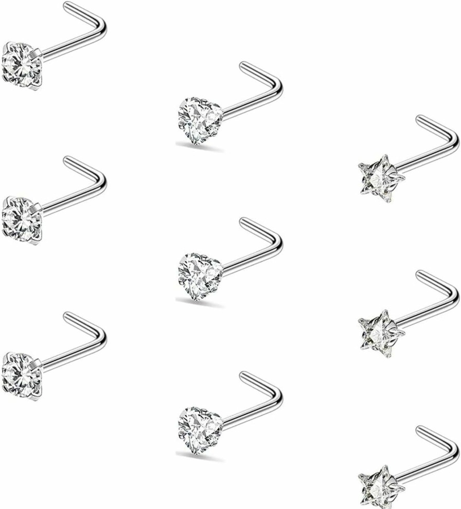 MissNity Body Piercing Studs | Missnity 18G 20G 22G Tiny Faux Diamond Nose Studs, Various Cz Size Prong Set Top Nose Ring L-Shape Nose Screw Surgical Steel Nostril Piercing Jewelry For Women