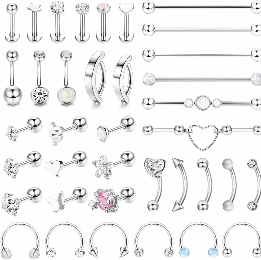 JOERICA Body Piercing Studs | Joerica 37 Pcs 14G-16G Body Piercing Jewelry For Women 316L Stainless Steel Industiral Cartilage Earrings Clicker Belly Button Rings Lip Eyebrow Rings Horsehoe Septum Rings Body Piercing Jewelry Set