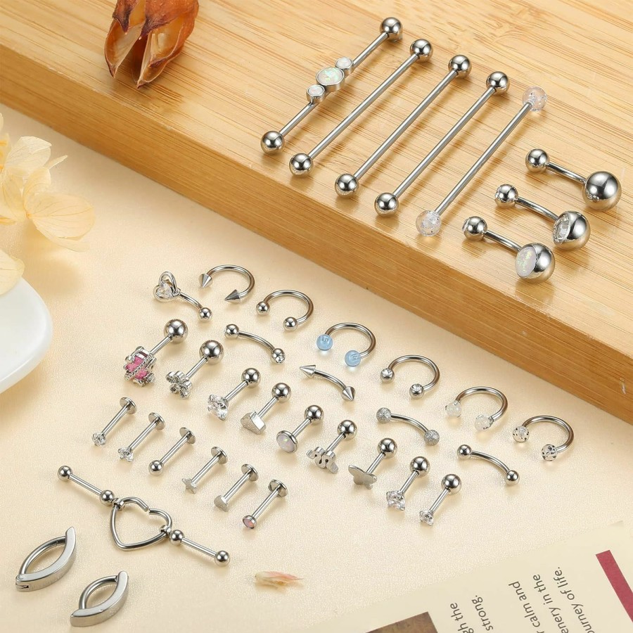 JOERICA Body Piercing Studs | Joerica 37 Pcs 14G-16G Body Piercing Jewelry For Women 316L Stainless Steel Industiral Cartilage Earrings Clicker Belly Button Rings Lip Eyebrow Rings Horsehoe Septum Rings Body Piercing Jewelry Set