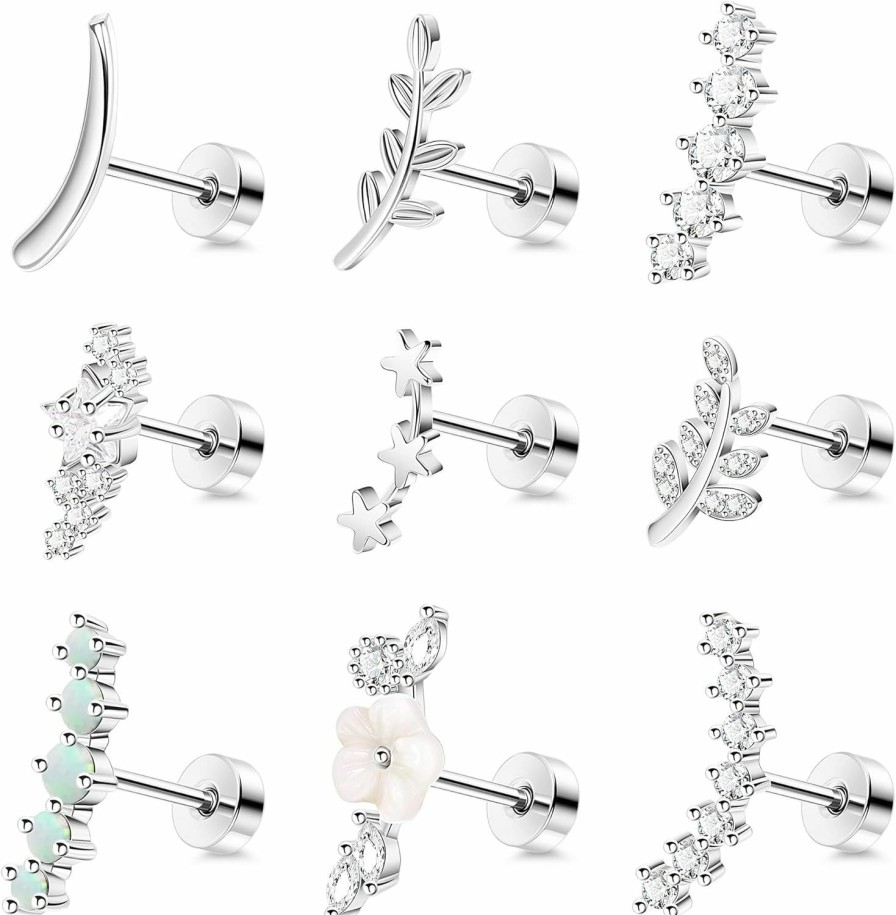 REVOLIA Body Piercing Studs | 9Pcs 16G Stainless Steel Cartilage Stud Earrings For Women Girls Opal Flower Leaf Cz Inlaid Flat Earrings Helix Curved Studs Tragus Conch Daith Ear Piercing Jewelry 6/8Mm