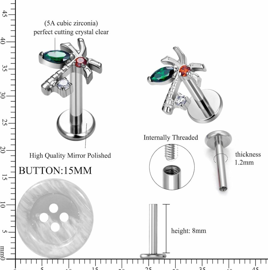 DGhera Body Piercing Studs | G23 Titanium Piercing Cartilage Studs 2 Zircon Paved Top Labret Earring Internal Thread Ear Tragus Helix Lip Stud Ring Jewelry 1Pc