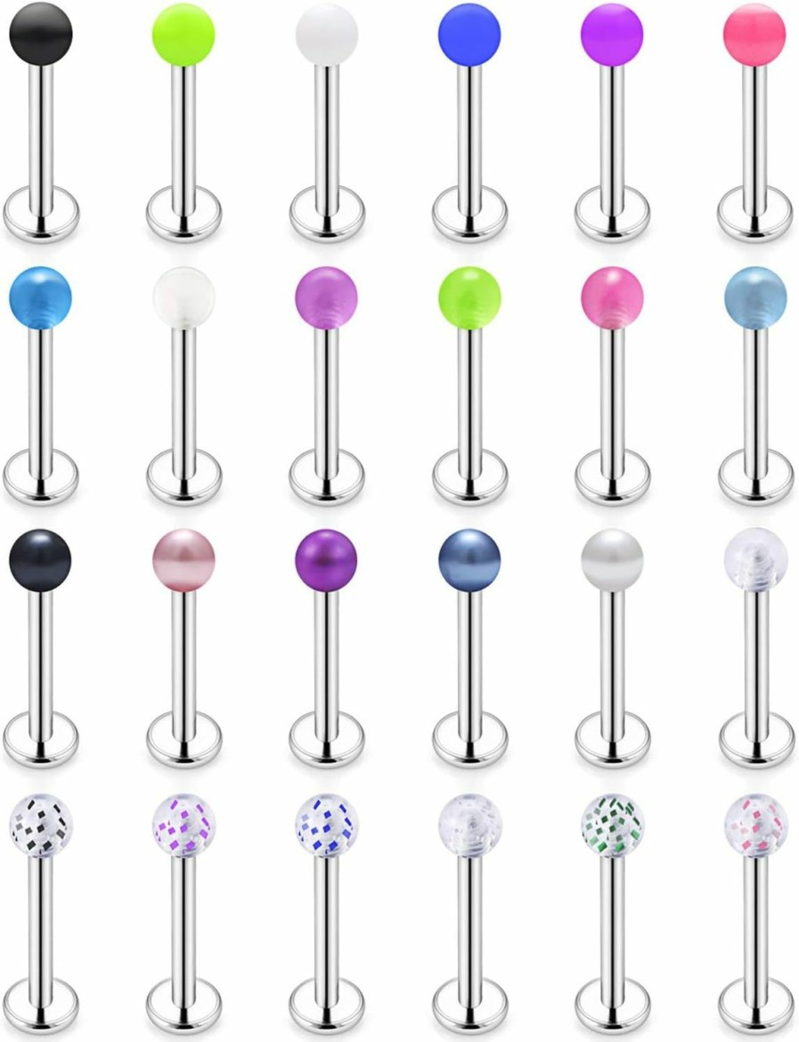 Hoeudjo Body Piercing Studs | Hoeudjo 24Pcs 14G Surgical Steel Lip Rings Labret Studs Piercing Jewelry For Women Men Tragus Cartilage Conch Helix Earring Stud 6Mm 8Mm 10Mm Bar Length