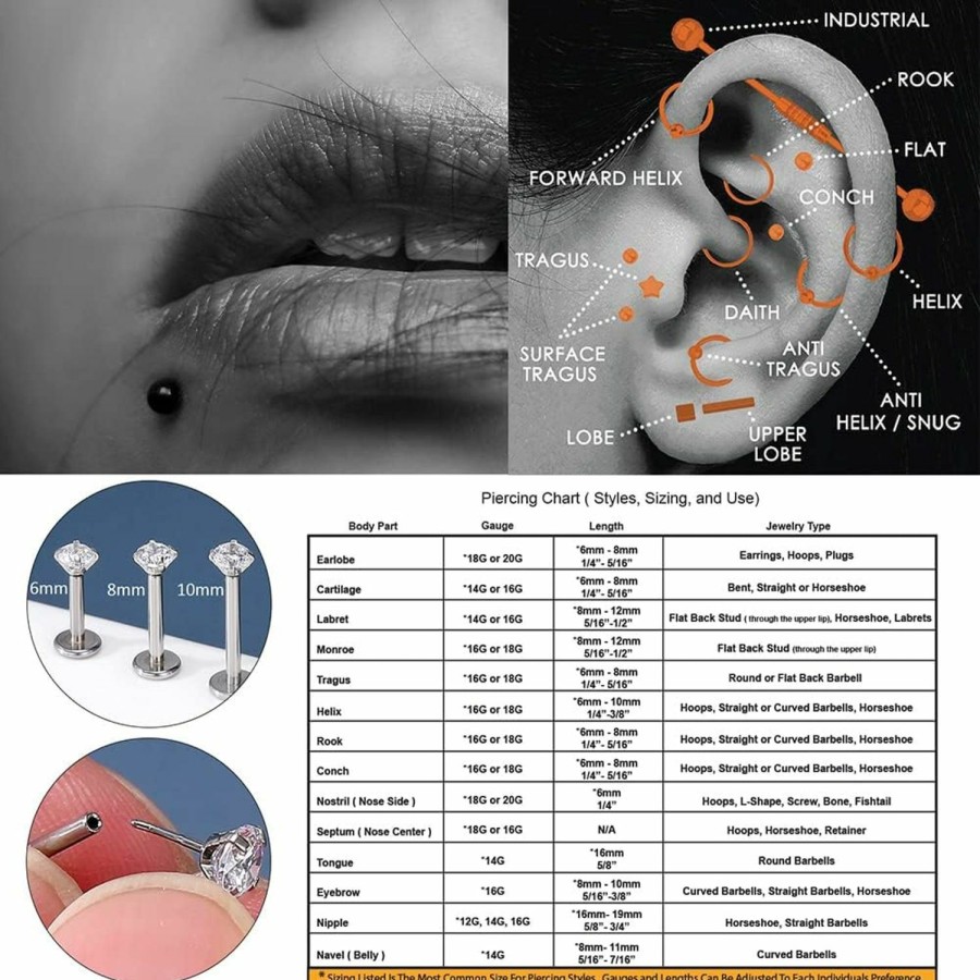 PunkTracker Body Piercing Studs | Punktracker 16G Threadless Lip Rings Labret Studs Tragus Earrings Surgical Steel Helix Conch Cartilage Earring Medusa Piercing Jewelry For Women Men