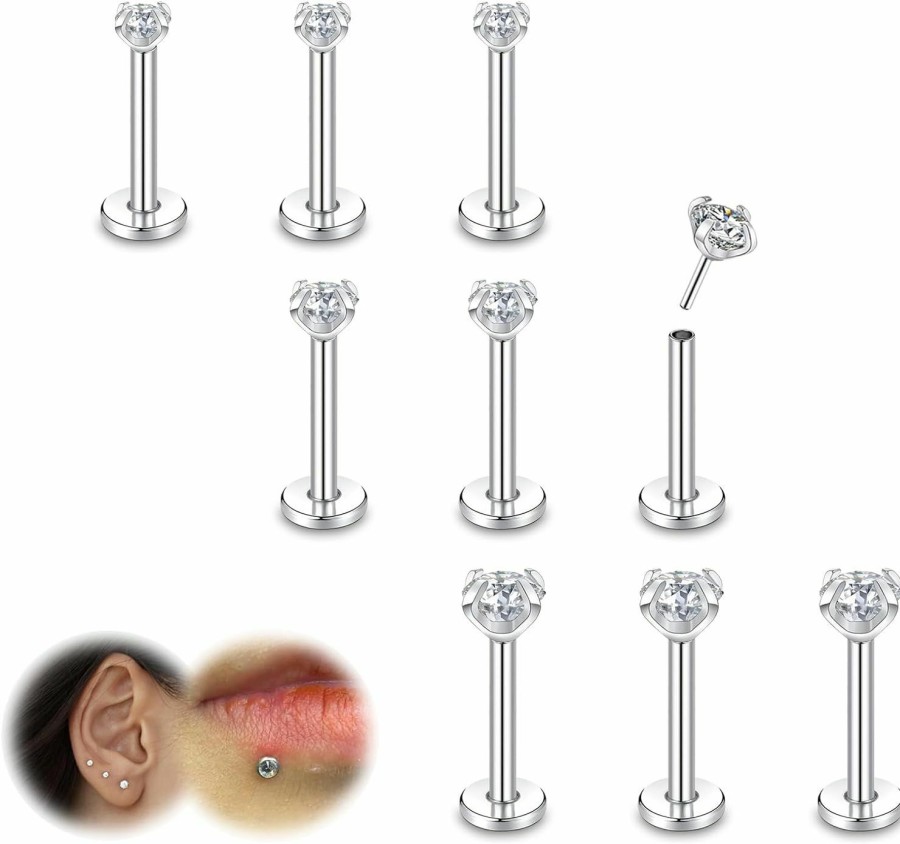 ZS Body Piercing Studs | Zs 9Pcs 16G/18G/20G Threadless Push In Lip Labret Nose Studs, Stainless Steel Piercing Jewelry For Conch Medusa Piercing, Cz Forward Helix Tragus Earring For Women Men